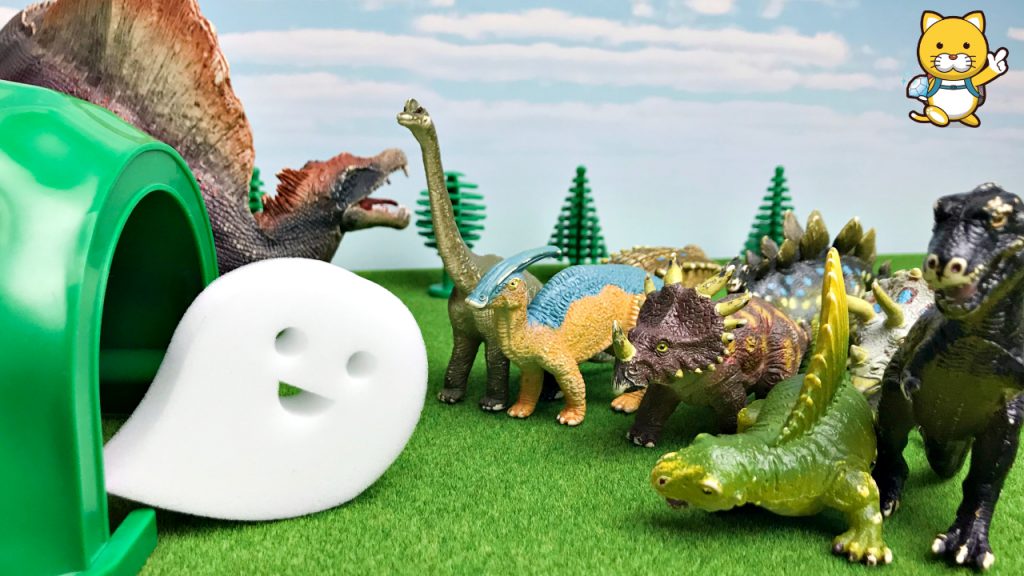 恐竜のおもちゃ スピノサウルスに助けてもらおう！ ティラノサウルス、ディメトロドンたちが おばけに遭遇！ちょっと怖い話?子供向け YeeTan oharuko toys
